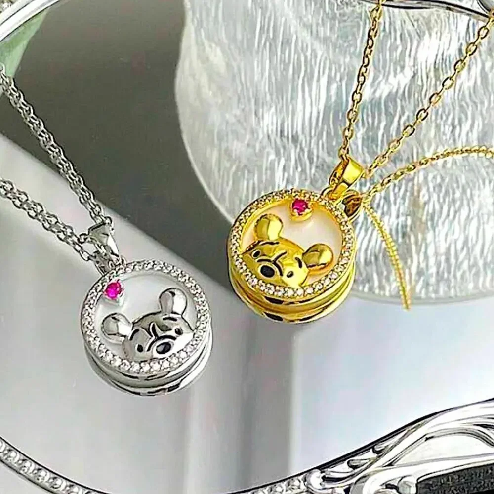 Disney Winnie The Pooh Necklace Charm Gold Plated Crystal Stone